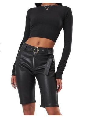 The Kript Black Faux Leather Belted Biker Shorts